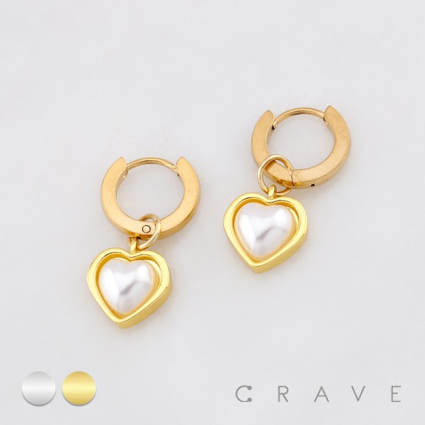 PAIR OF HEART WITH WITH A WHITE PEARLESCENT INLAY DANGLE 316L SURGICAL STEEL HUGGIE/HOOP EARRINGS PAIR OF HEART WITH WITH A WHITE PEARLESCENT INLAY DANGLE 316L SURGICAL STEEL HUGGIE/HOOP EARRINGS